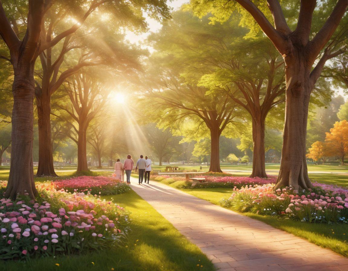 A comforting scene depicting a diverse group of cancer survivors sharing stories in a serene park setting, with soft sunlight filtering through trees. Include symbols of hope like ribbons and flowers, along with a healing journey path winding through the background. The focus should be on connection and support, with warm colors to evoke positivity. super-realistic. vibrant colors. soothing atmosphere.