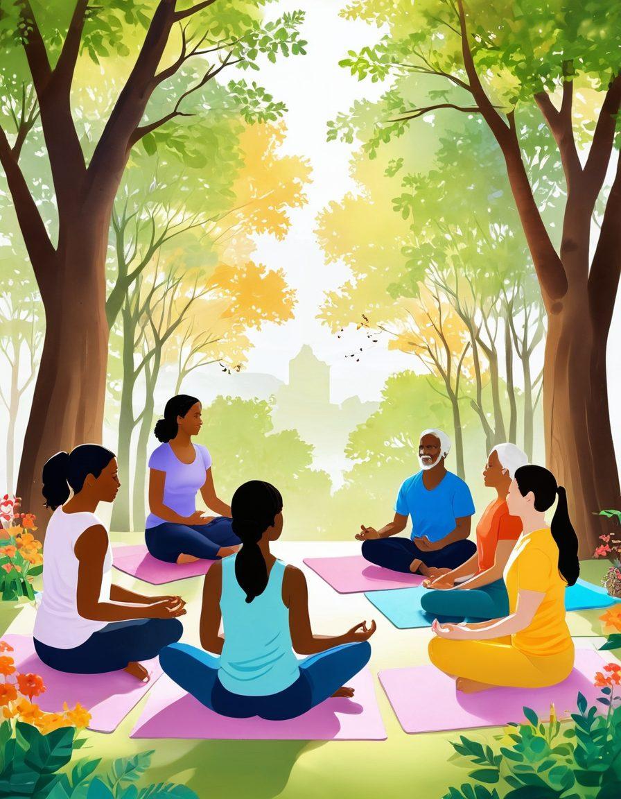 A serene and uplifting scene depicting a diverse group of people, including patients, caregivers, and wellness advocates, gathered in a bright, cheerful environment, sharing stories and support. The background features symbols of hope, such as blooming flowers and gentle sunlight filtering through trees, with soft, comforting colors. Include elements of wellness like yoga mats, herbal teas, and supportive booklets. super-realistic. vibrant colors. white background.